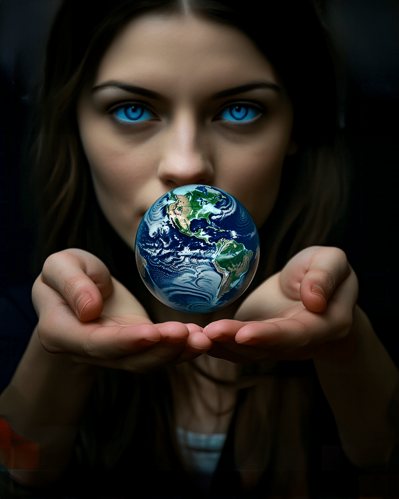 Eine Frau mit blauen Augen hält einen Globus in ihren Händen.