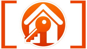 Orangefarbenes Logo, bestehend aus einem Schlüssel und einer Haussilhouette innerhalb eines kreisförmigen Umrisses.