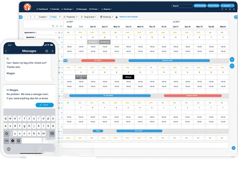 A digital interface showing a property management application with a messages tab open and a view of a reservation calendar.